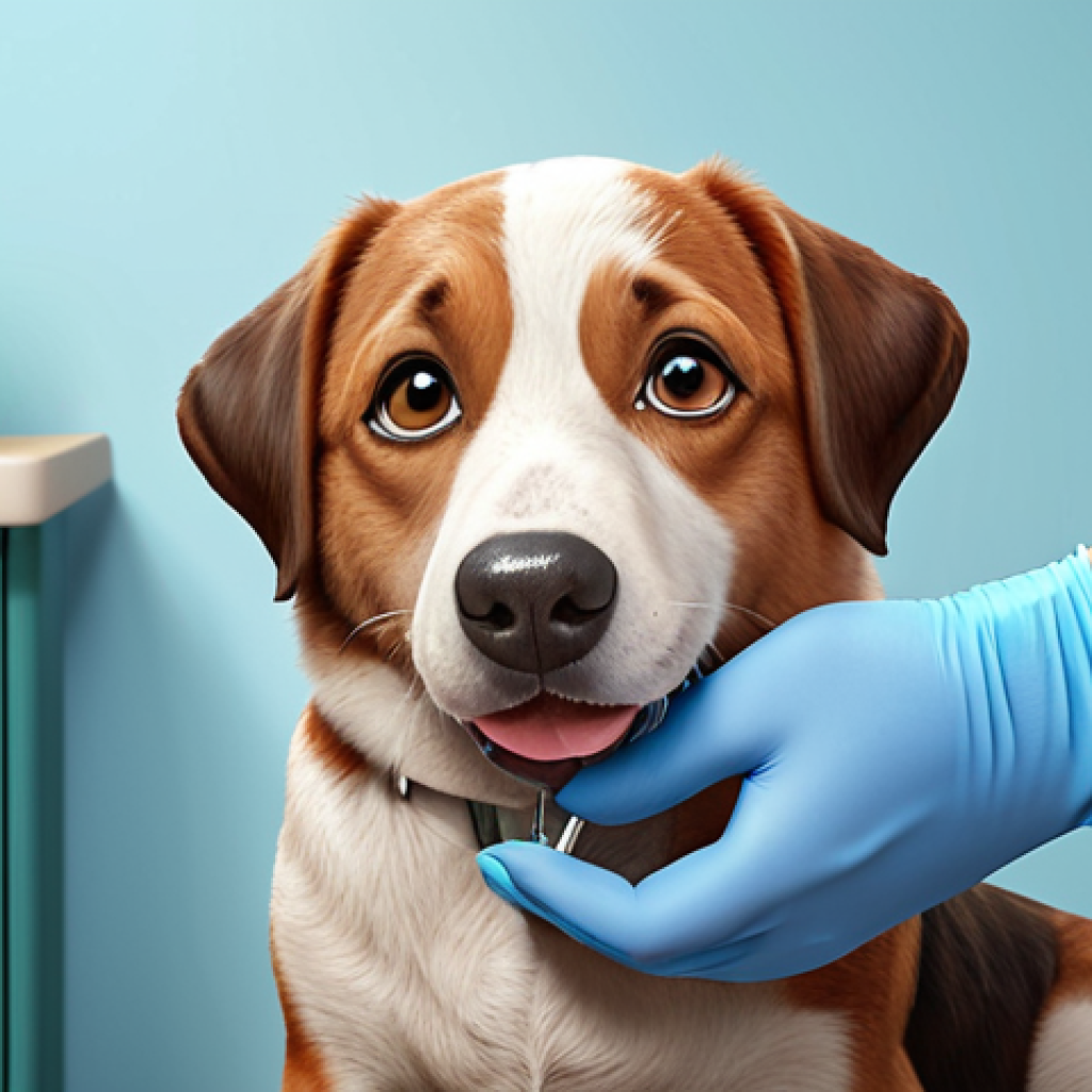 A cute cartoon dog getting a vaccine shot at the vet. The dog looks slightly worried but the vet is gentle and reassuring. Background shows a clean and friendly veterinary clinic.