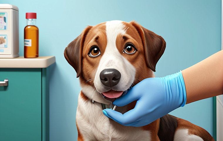 A cute cartoon dog getting a vaccine shot at the vet. The dog looks slightly worried but the vet is gentle and reassuring. Background shows a clean and friendly veterinary clinic.