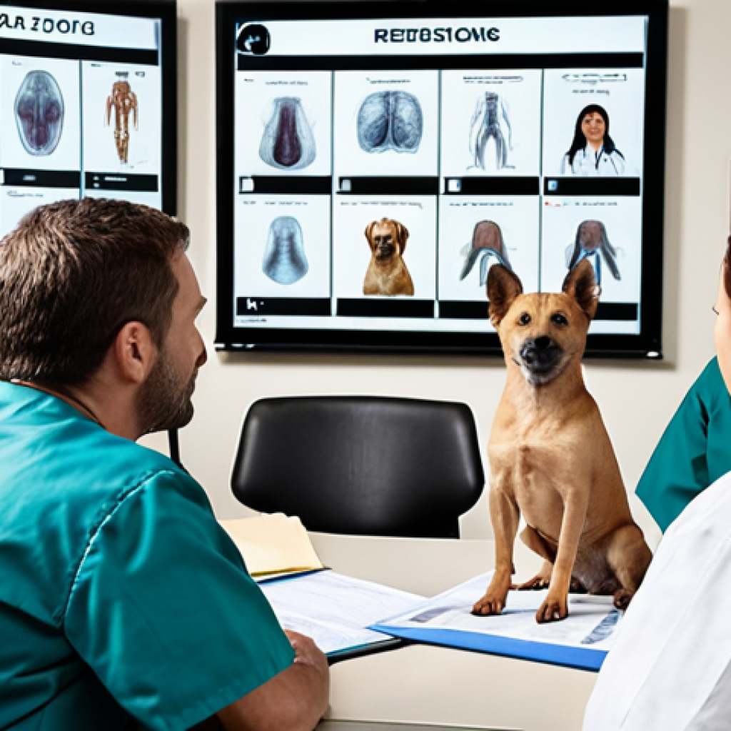 A veterinarian team leader facilitating a meeting, actively listening to team members discussing a complex surgical case for a small dog. Focus on positive body language, engaged expressions, and a collaborative atmosphere. The scene includes medical charts and x-ray displays in the background.