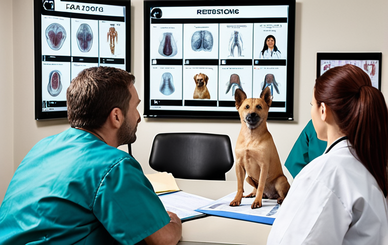 A veterinarian team leader facilitating a meeting, actively listening to team members discussing a complex surgical case for a small dog. Focus on positive body language, engaged expressions, and a collaborative atmosphere. The scene includes medical charts and x-ray displays in the background.