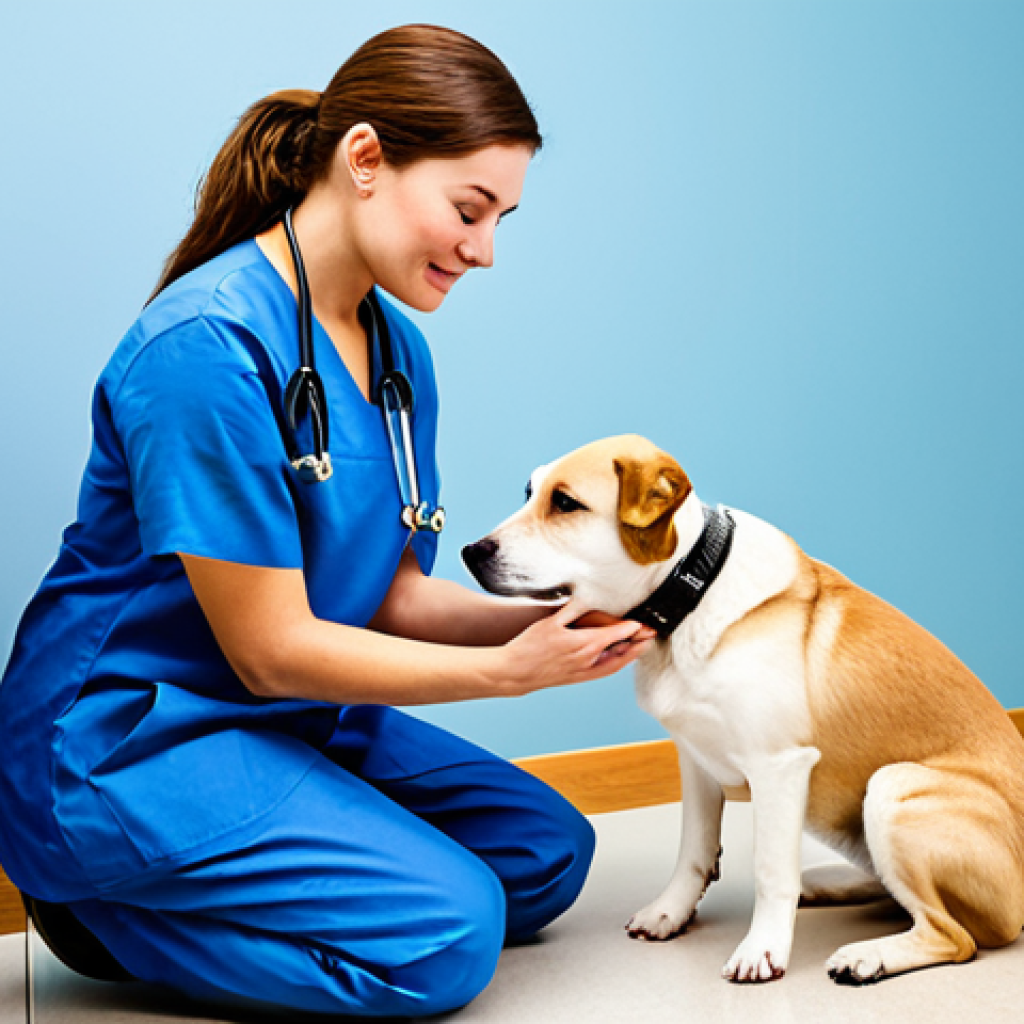 A professional female veterinarian, fully clothed in a modest and appropriate scrub uniform, kneels gently to observe a calm, medium-sized dog in a natural pose, while softly stroking its head. The dog, with natural body proportions and perfect anatomy, has a relaxed but attentive expression. The setting is a bright, clean, modern veterinary examination room with soft, diffused lighting and subtle medical equipment in the background. Professional photography, high-resolution, sharp focus, vibrant colors, realistic, safe for work, appropriate content, fully clothed, professional, family-friendly, well-formed hands, proper finger count.