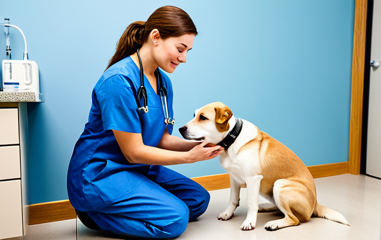 A professional female veterinarian, fully clothed in a modest and appropriate scrub uniform, kneels gently to observe a calm, medium-sized dog in a natural pose, while softly stroking its head. The dog, with natural body proportions and perfect anatomy, has a relaxed but attentive expression. The setting is a bright, clean, modern veterinary examination room with soft, diffused lighting and subtle medical equipment in the background. Professional photography, high-resolution, sharp focus, vibrant colors, realistic, safe for work, appropriate content, fully clothed, professional, family-friendly, well-formed hands, proper finger count.