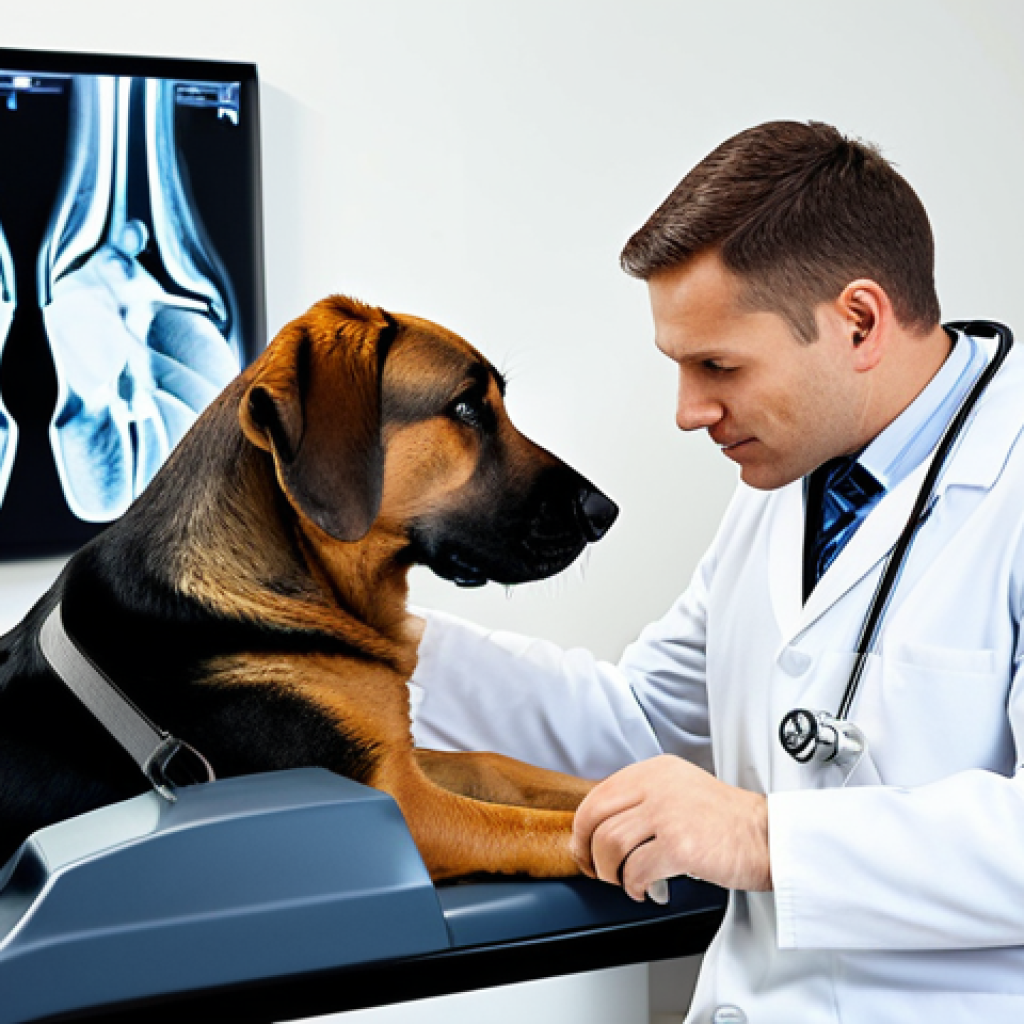 Veterinary Clinic - Diagnostics**
A veterinarian, fully clothed in professional attire, carefully examining an X-ray image of a dog's leg. The vet is in a bright, clean veterinary clinic setting with modern diagnostic equipment visible in the background. The dog is calm and resting comfortably. Focus on the vet's focused expression and the detailed X-ray. Safe for work, appropriate content, professional, perfect anatomy, natural proportions, well-formed hands.
**