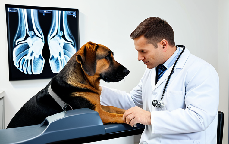 Veterinary Clinic - Diagnostics**

A veterinarian, fully clothed in professional attire, carefully examining an X-ray image of a dog's leg. The vet is in a bright, clean veterinary clinic setting with modern diagnostic equipment visible in the background. The dog is calm and resting comfortably. Focus on the vet's focused expression and the detailed X-ray. Safe for work, appropriate content, professional, perfect anatomy, natural proportions, well-formed hands.

**