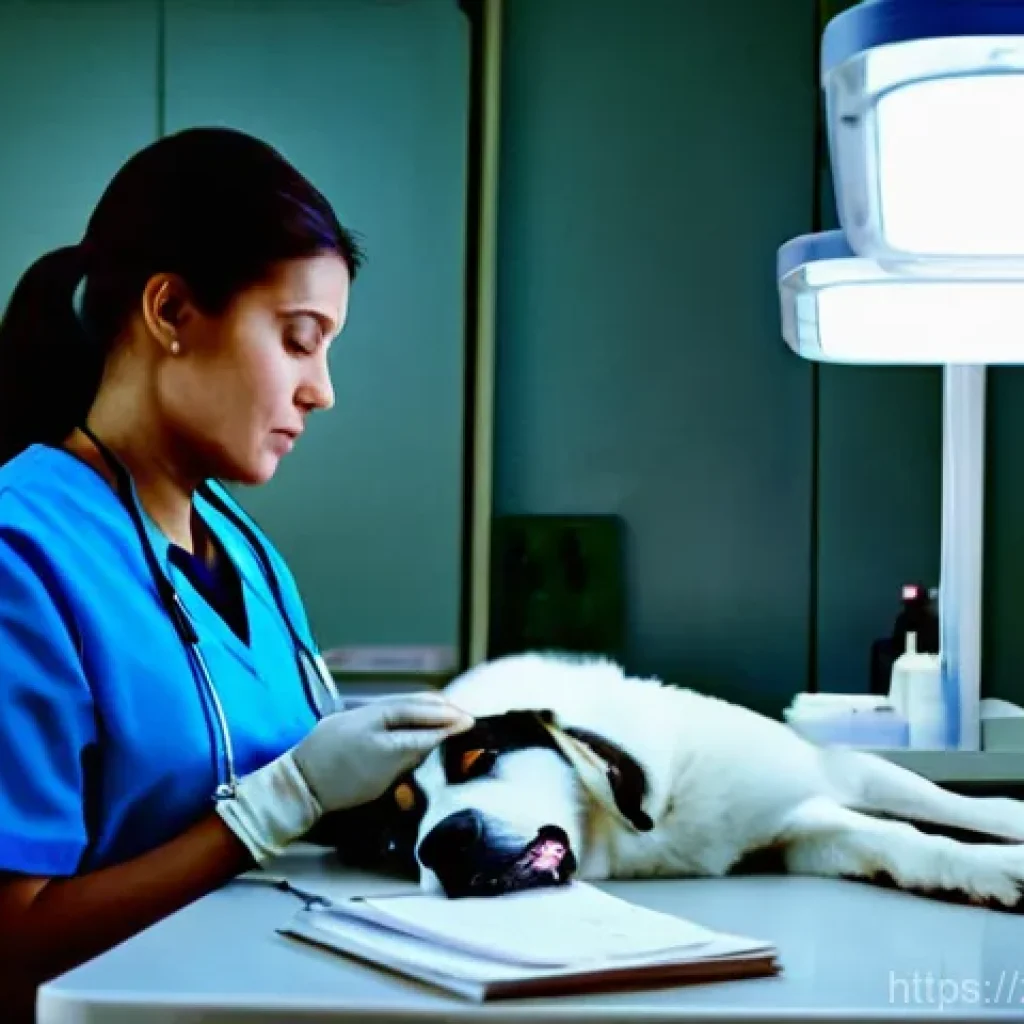 수의사 근무시간의 현실 - **Prompt:** A focused female veterinarian in a bustling, dimly lit emergency veterinary clinic at ni...