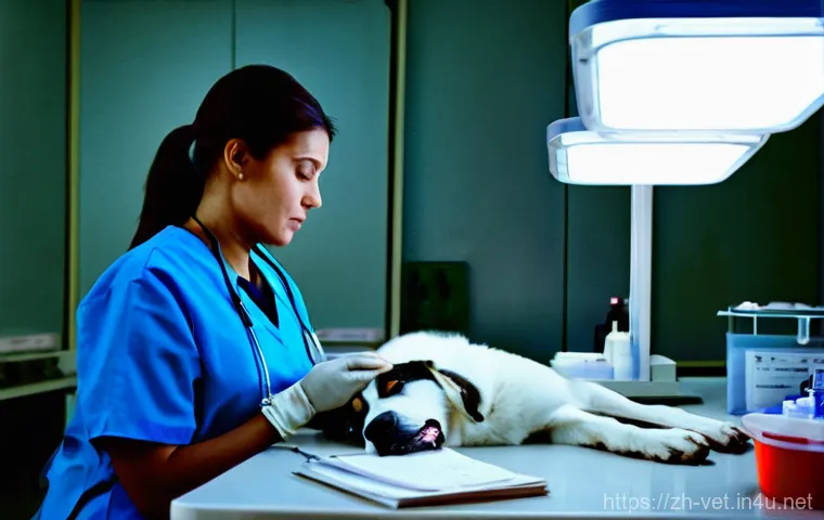 수의사 근무시간의 현실 - **Prompt:** A focused female veterinarian in a bustling, dimly lit emergency veterinary clinic at ni...