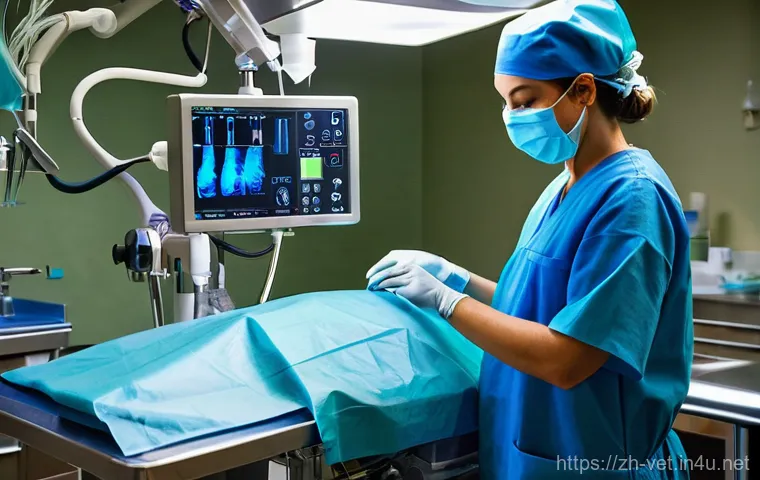 수의사 근무시간의 현실 - **Prompt:** A focused female veterinarian in a bustling, dimly lit emergency veterinary clinic at ni...