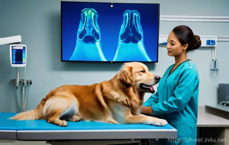 소동물 임상사례 리뷰 - **Prompt:** A medium-sized, gentle Golden Retriever dog, looking calm and relaxed, lies on a soft, p...