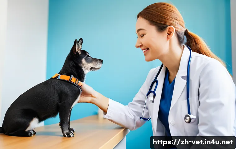 수의사 고객 응대 스킬 - A compassionate veterinarian gently listening to an anxious Chinese pet owner in a modern veterinary...