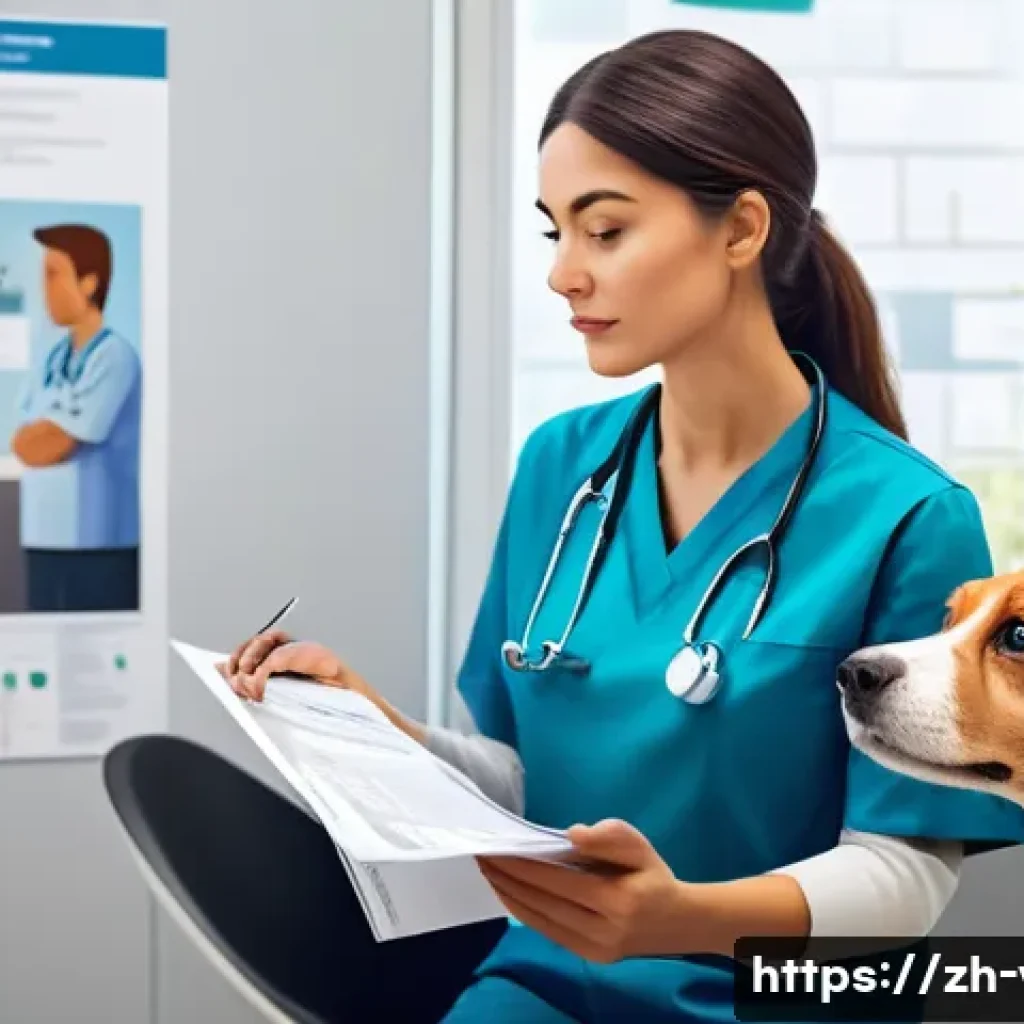 동물병원에서의 고객 클레임 처리 사례 - A professional veterinary clinic scene showing a calm female veterinarian attentively listening to a...