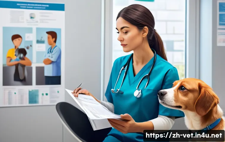 동물병원에서의 고객 클레임 처리 사례 - A professional veterinary clinic scene showing a calm female veterinarian attentively listening to a...