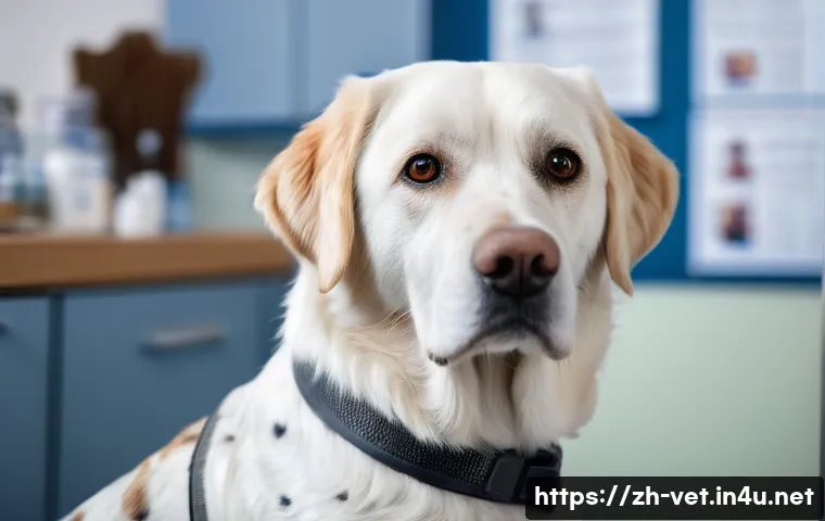 수의사 업무 중 흔히 겪는 사례 - A detailed close-up of a medium-sized dog with allergic dermatitis symptoms: visible red inflamed pa...