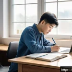수의학 학습 계획표 작성법 - A focused young veterinary student in casual clothes studying at a tidy desk with anatomy textbooks ...
