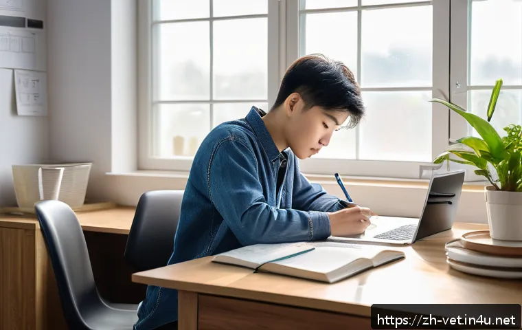 수의학 학습 계획표 작성법 - A focused young veterinary student in casual clothes studying at a tidy desk with anatomy textbooks ...