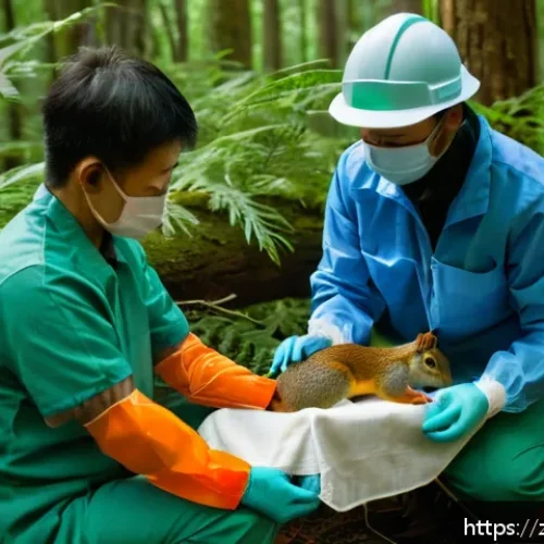 야생동물 구조와 재활 사례 - A detailed scene showing a wildlife rescue team carefully performing emergency first aid on an injur...