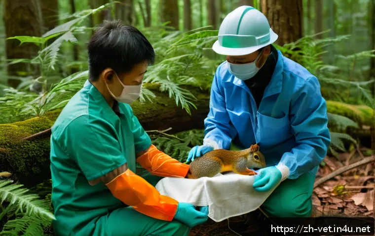 야생동물 구조와 재활 사례 - A detailed scene showing a wildlife rescue team carefully performing emergency first aid on an injur...