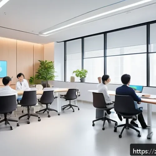 수의사로서 직무 스트레스를 해소하는 법 - A modern veterinary clinic team gathered in a bright meeting room, diverse group of veterinarians an...