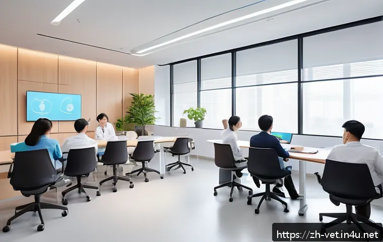 수의사로서 직무 스트레스를 해소하는 법 - A modern veterinary clinic team gathered in a bright meeting room, diverse group of veterinarians an...
