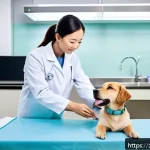 수의학 분야 유망 자격증 - A professional small animal veterinarian in a modern pet clinic setting, wearing clean medical scrub...