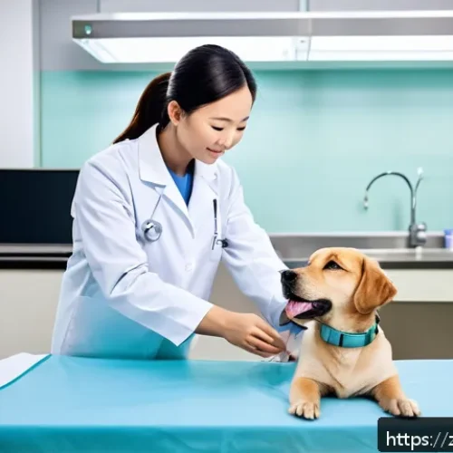 수의학 분야 유망 자격증 - A professional small animal veterinarian in a modern pet clinic setting, wearing clean medical scrub...