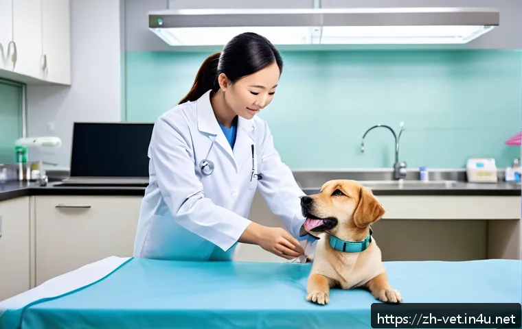 수의학 분야 유망 자격증 - A professional small animal veterinarian in a modern pet clinic setting, wearing clean medical scrub...