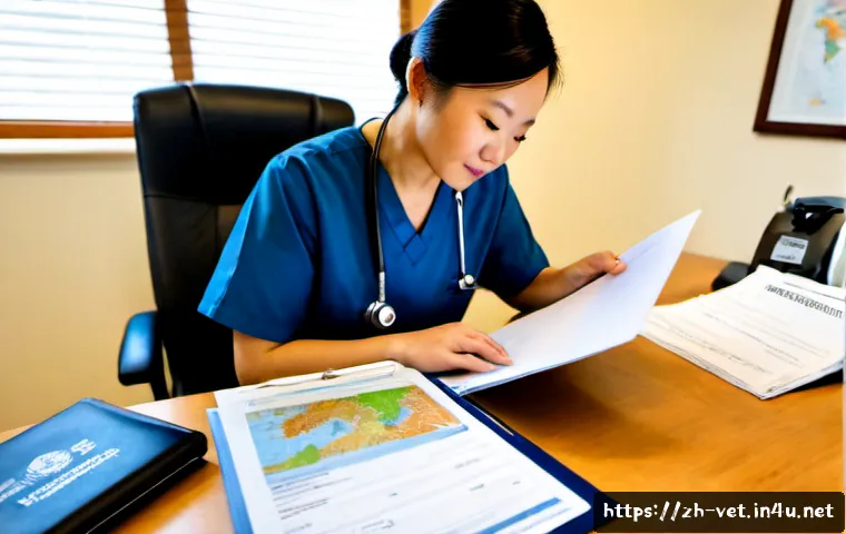 수의사 해외 이직 준비 과정 - Photorealistic veterinarian preparing for an international career move, professional in clean navy s...