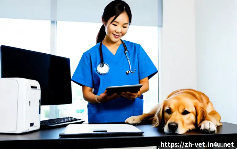 수의학과 관련된 필수 소프트웨어 - Photorealistic veterinary clinic workstation, a veterinarian in clean blue scrubs reviewing a pet he...